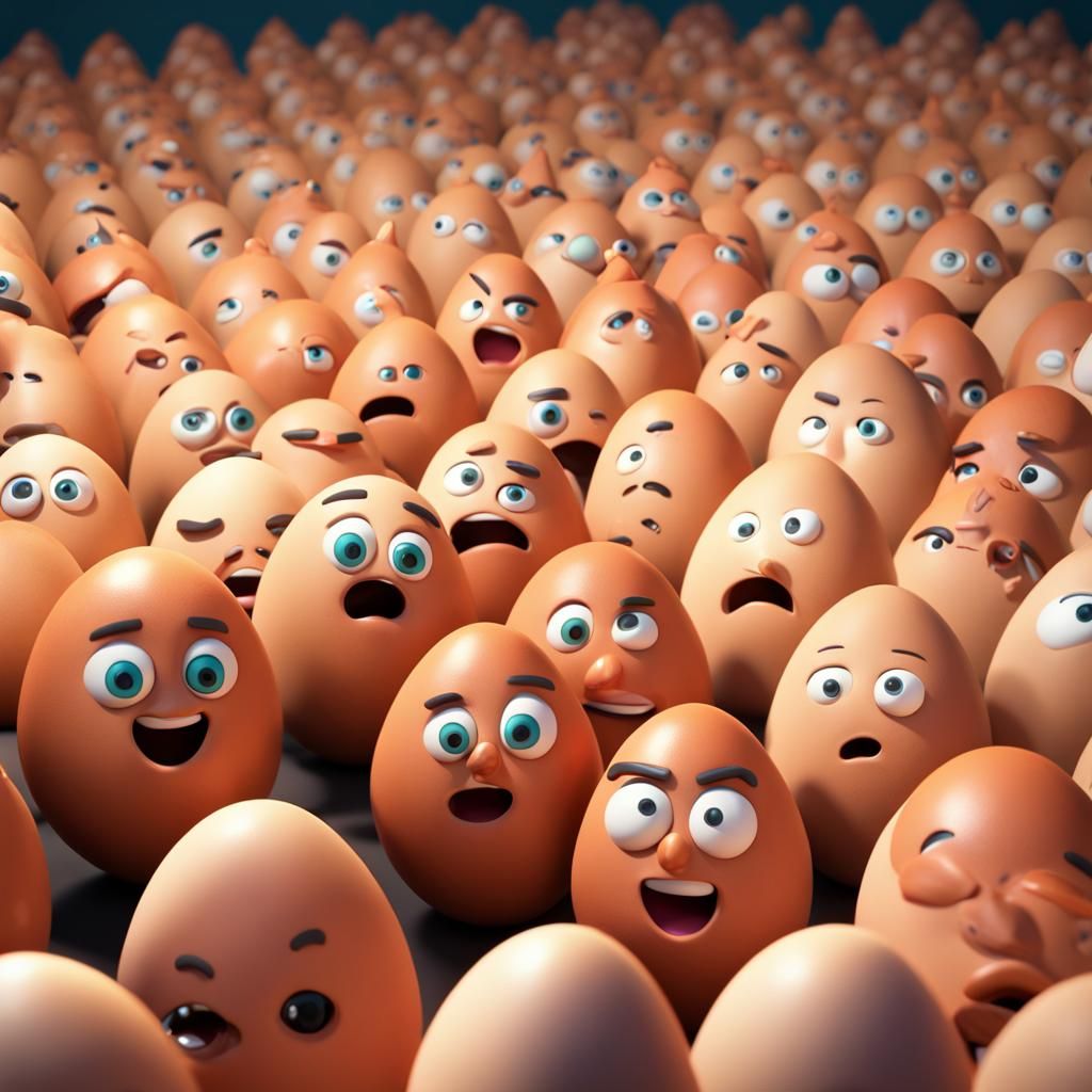 Pixar-Style Army of Eggs Holding Spears