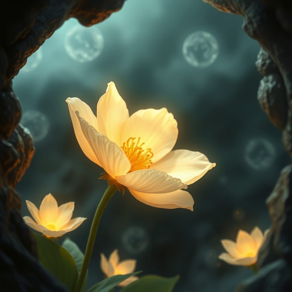 Glowing Flower Blossoms in Mystical Cave