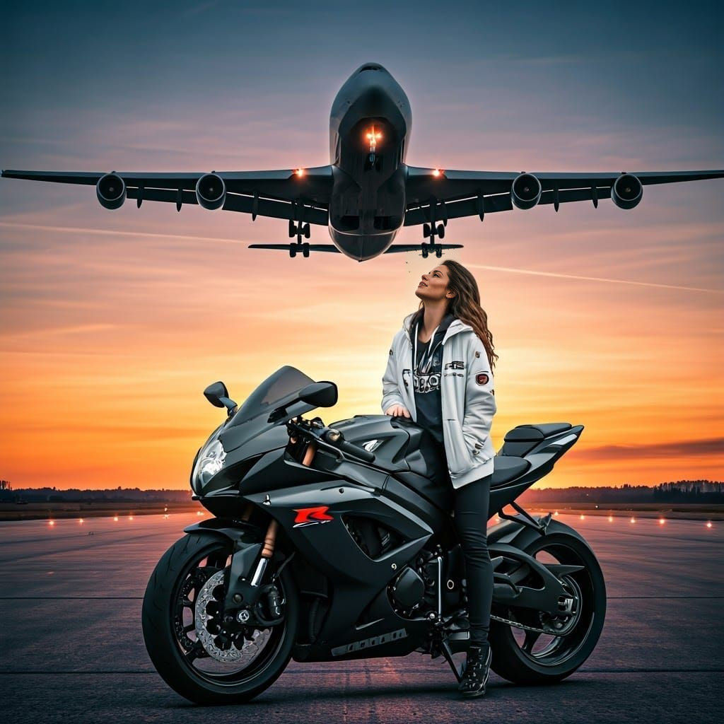 A Plane Lands Amidst a Biker's Resolve on a Futuristic Runwa...