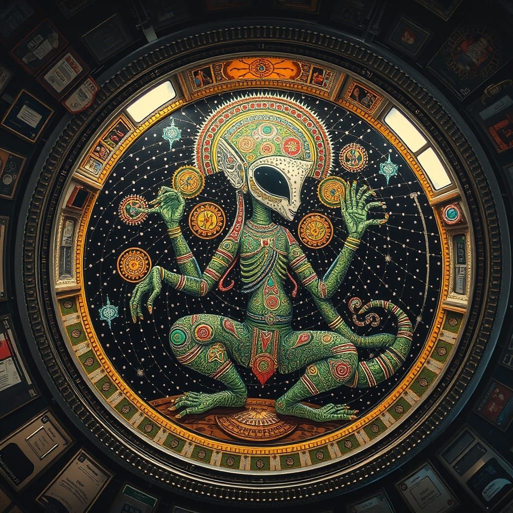 Alien Madhubani Art Inside A Futuristic Spacecraft