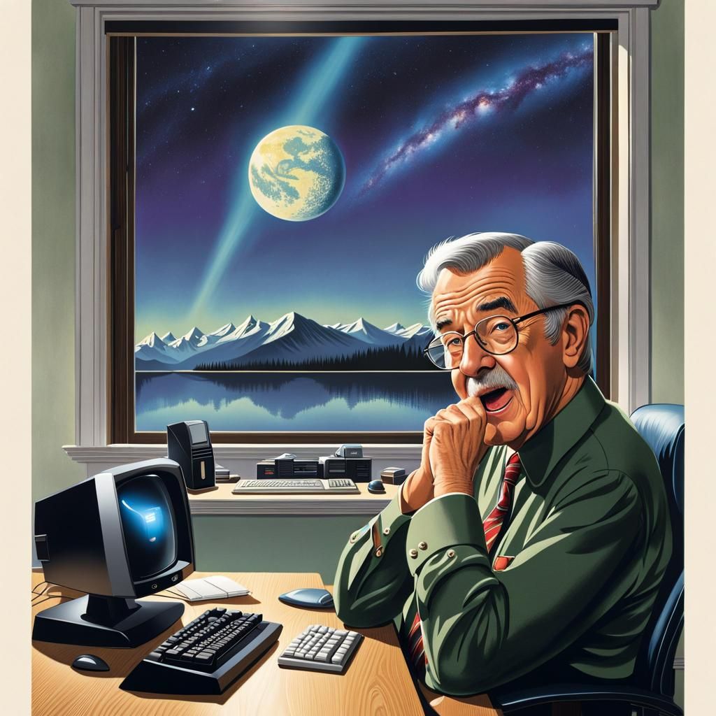 1980s Home Office Scene of Man Yawning