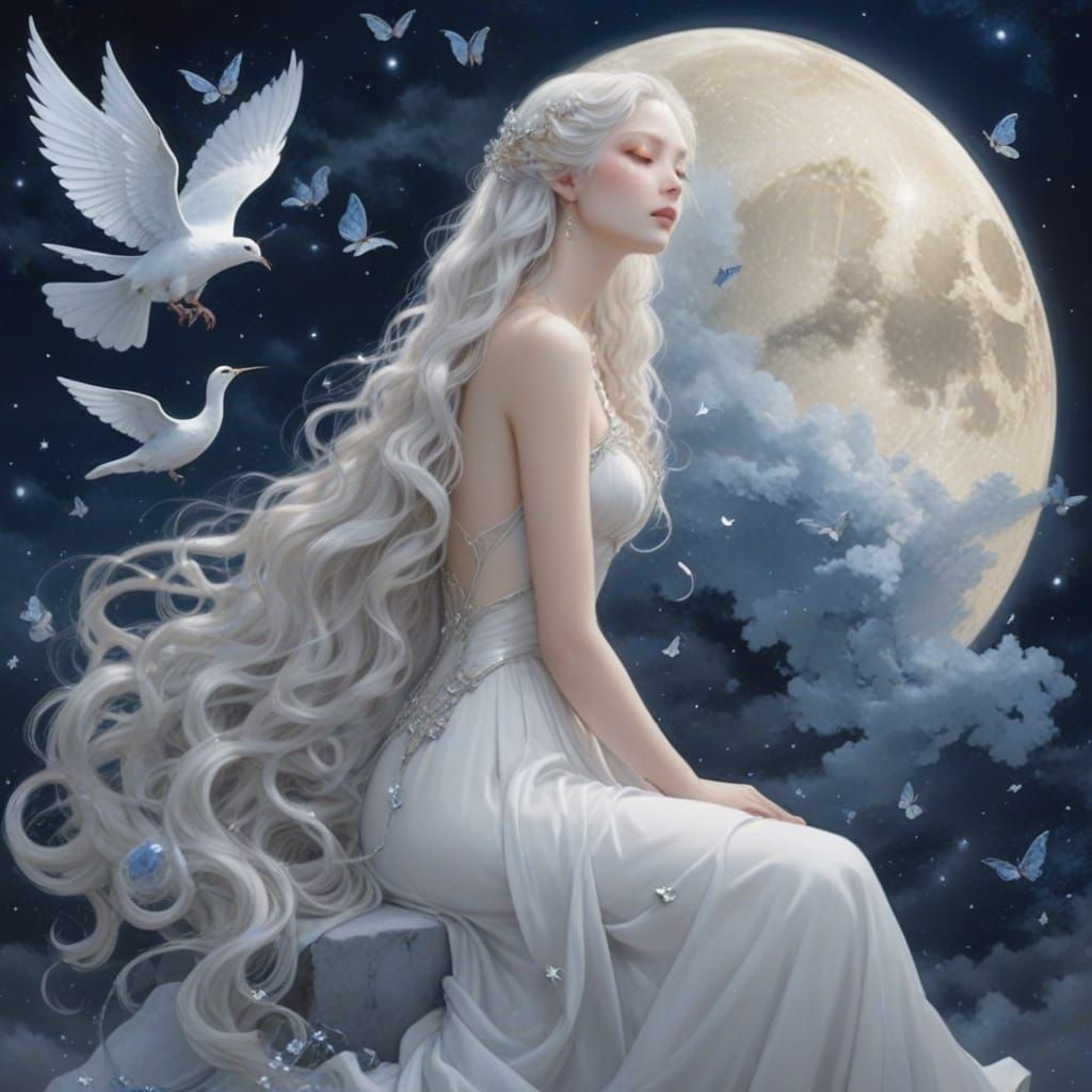 Moonlight Sonata: Surreal Anime Woman on Crescent Moon