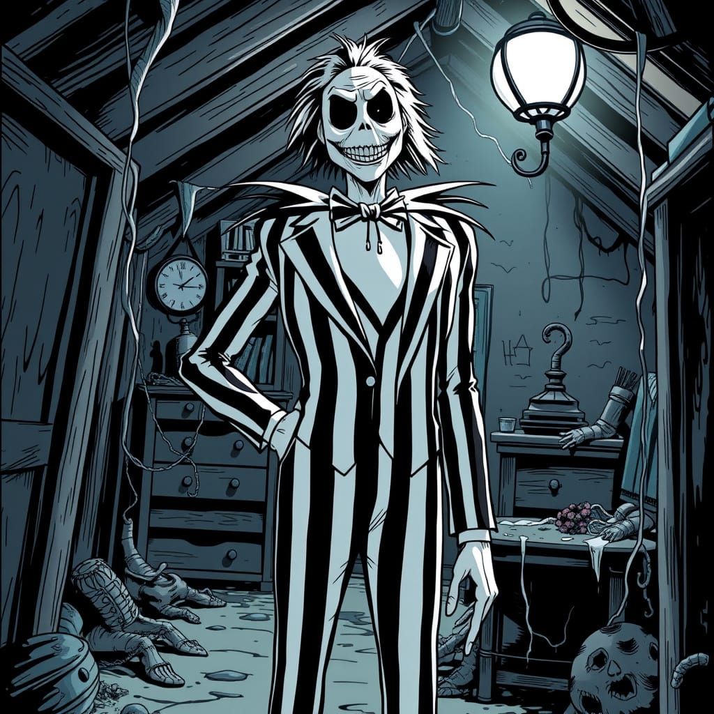 Beetlejuice in Eerie Attic: A Tim Burton Style Portrait