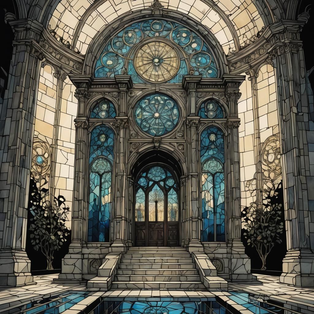 Surreal Mausoleum with Stained Glass in Escheresque Style