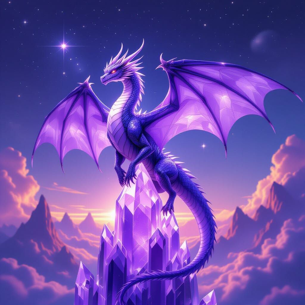 Amethyst Crystal Dragon Perched on Crystalline Spire