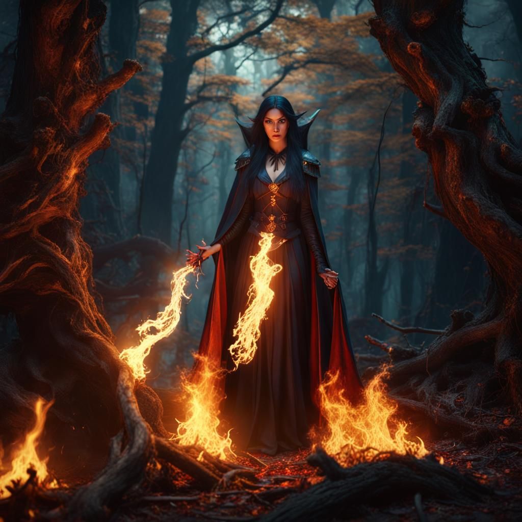Elf Wizard Casting Fire in Haunted Forest