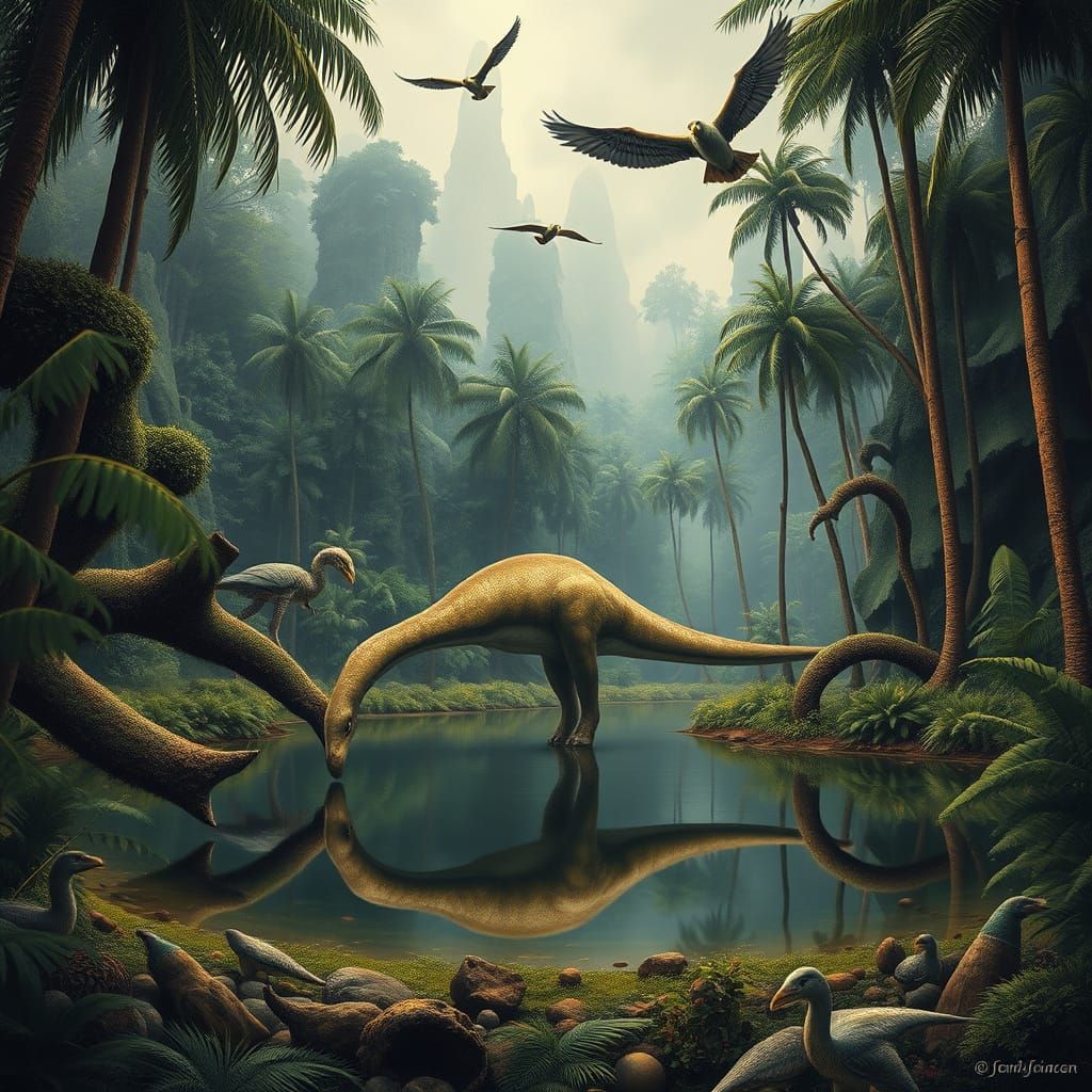 Lush Prehistoric Jungle with Brachiosaurus in Surreal Style