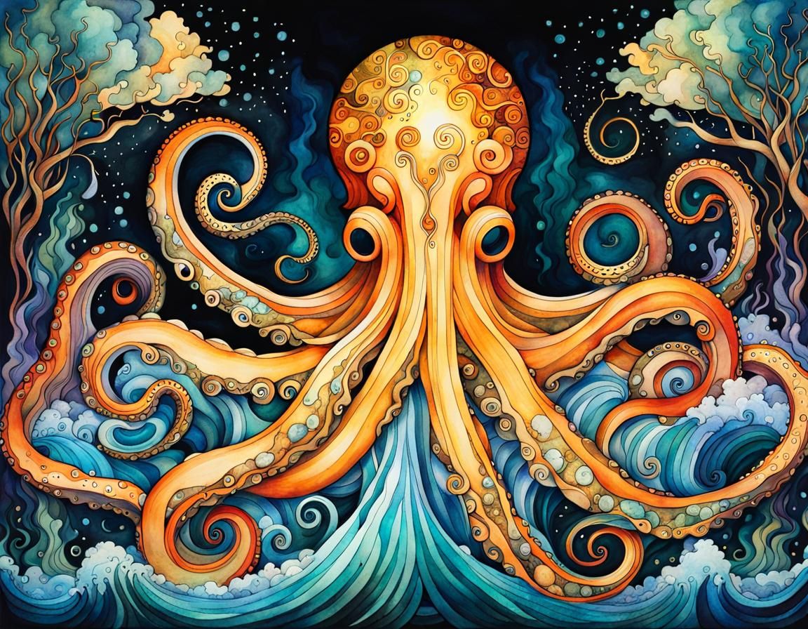 Vivid Celtic Octopus in Art Nouveau Style