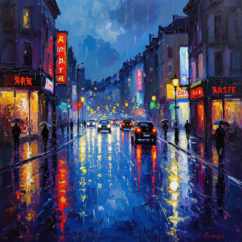 Rainy City Nightscape: Impressionistic Oil Painting