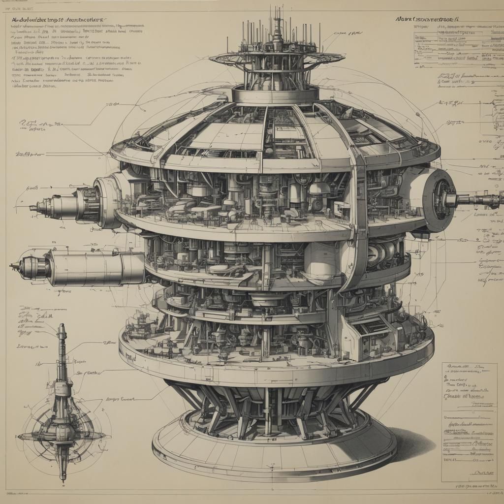 Engineering drawing advanced futuristic nuclear reactor