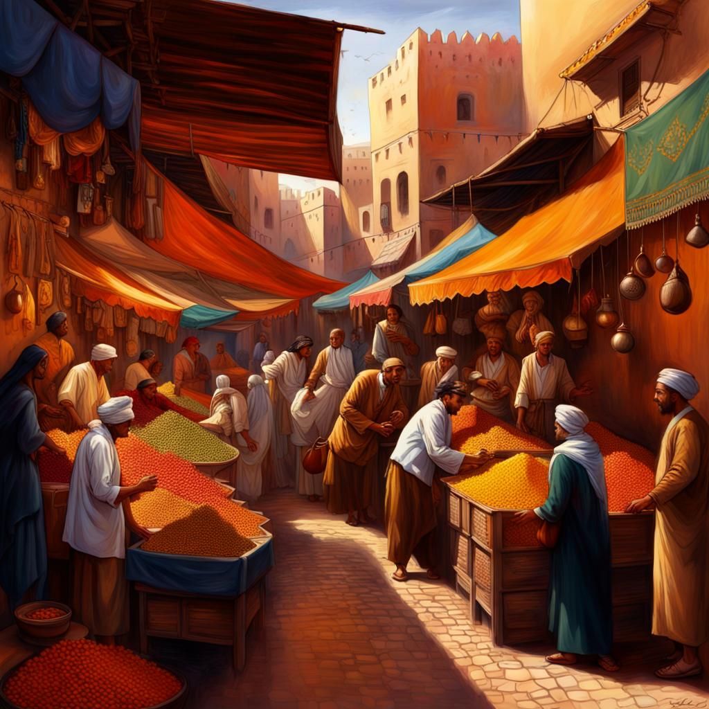 Marrakech Bazaar: Multicolored Spices and Market Scene