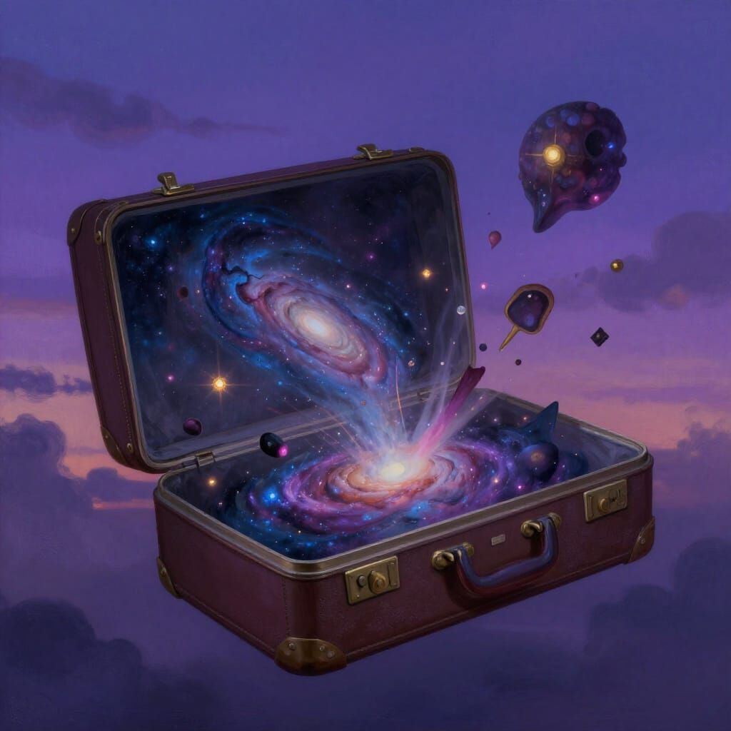 Surreal Dreamscape with Floating Objects and Galaxy Suitcase