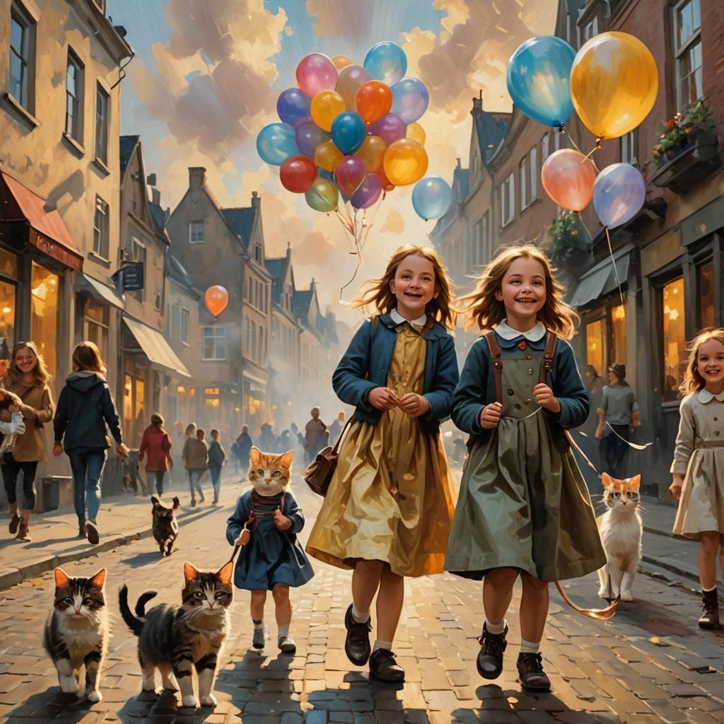Girls, Kittens, and Balloons in Impressionist Style
