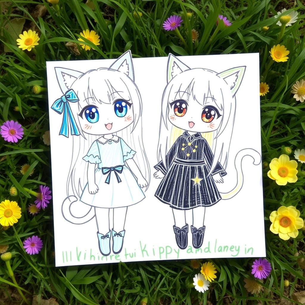 Childlike Crayon Drawing of Anime Catgirls