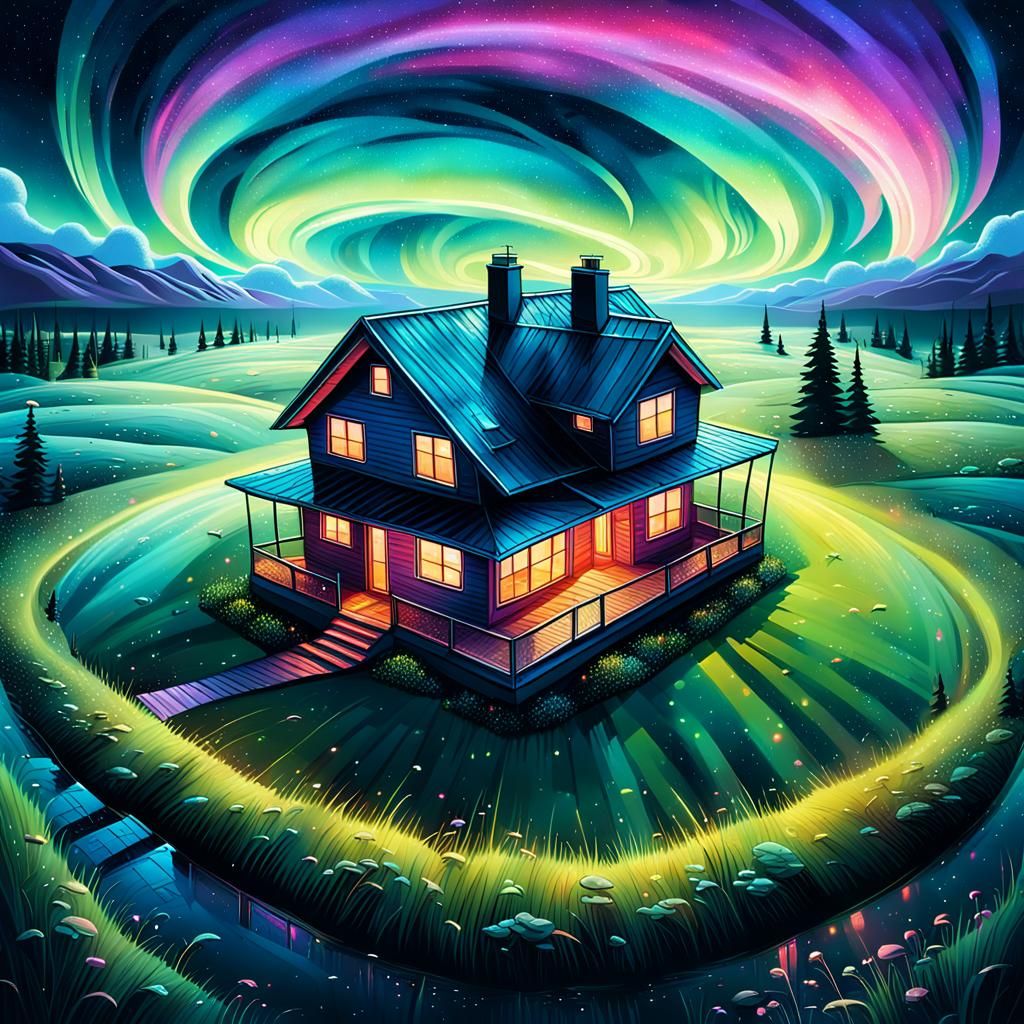 Cosmic House Floating in Aurora Borealis Sky