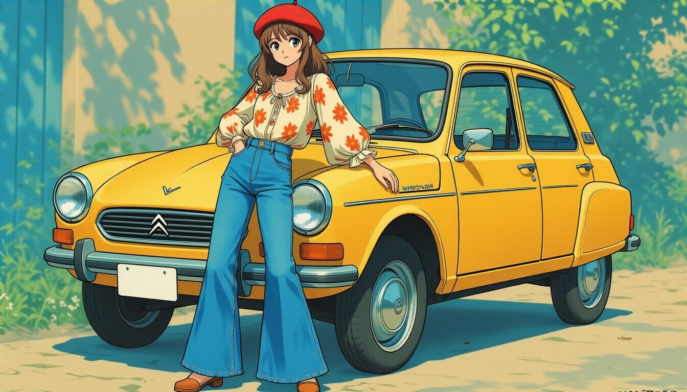 Anime Girl with Citroën Ami 8 in 1970s Style