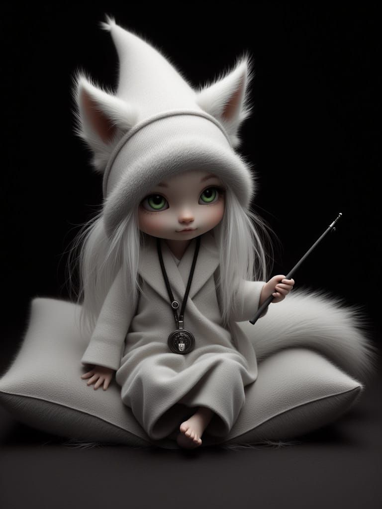 Gnome with Wolf Features Against Black Background