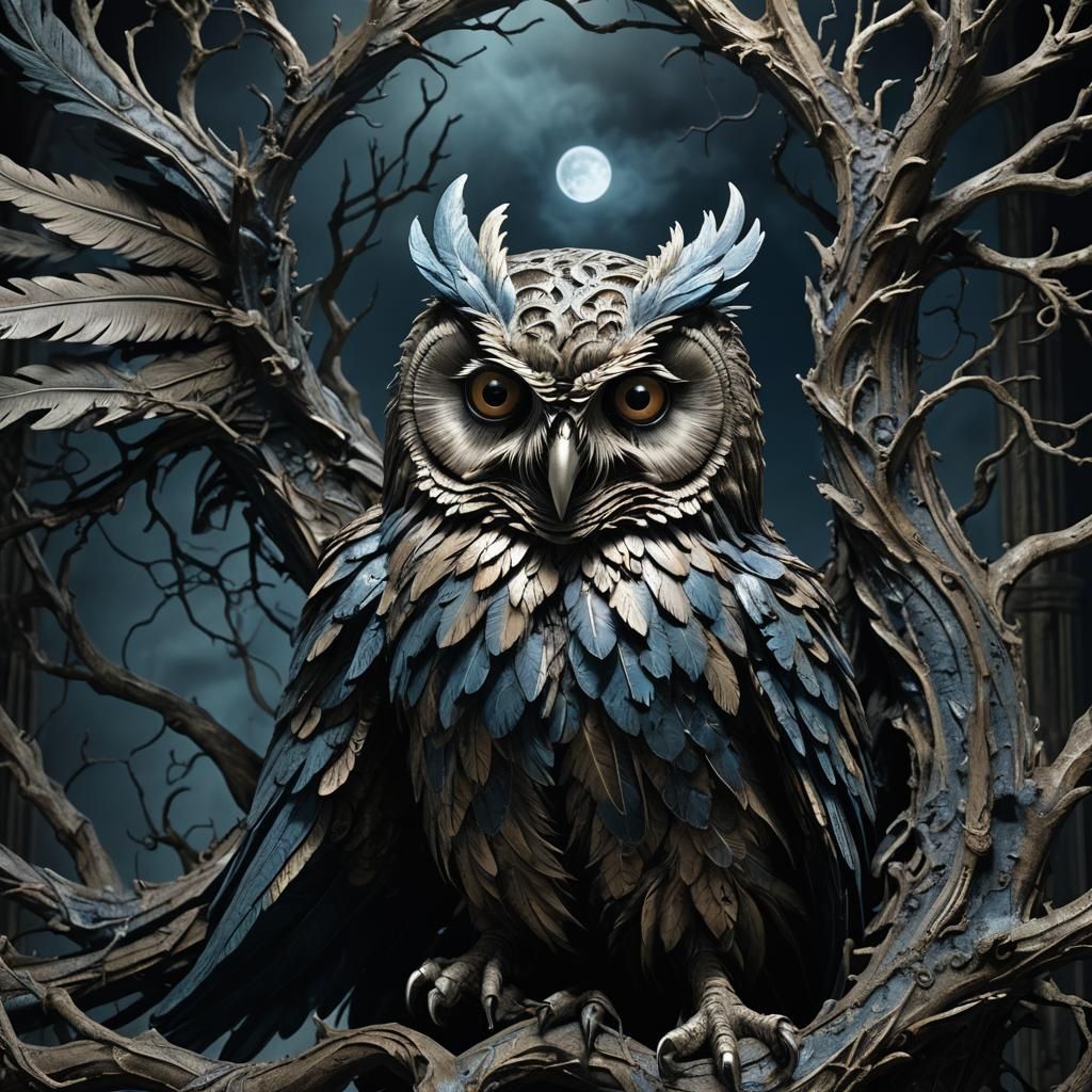 Surreal Bony Owl Hybrid Sculpture in Eerie Darkness