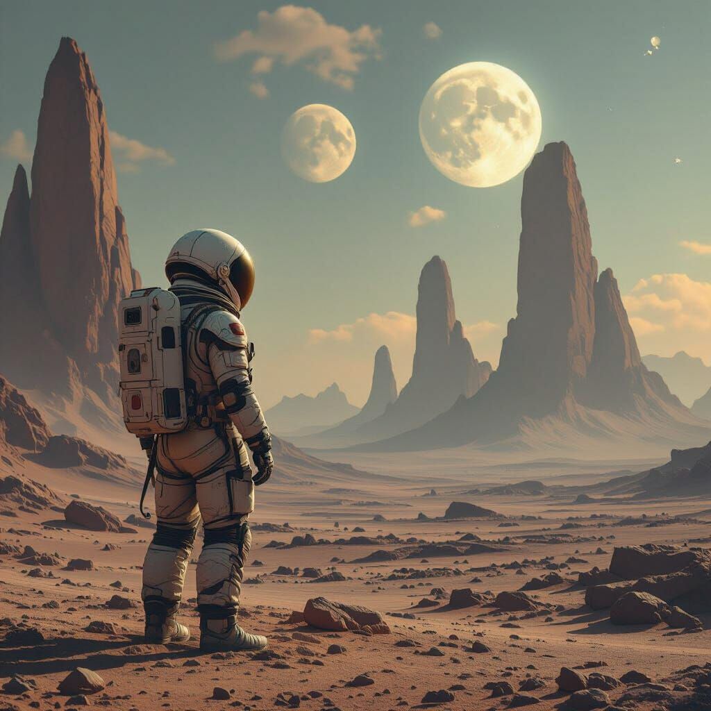 Solitary Astronaut on Desolate Alien Planet with Ancient Rui...