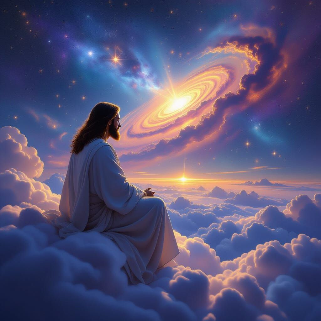 Divine Watcher on Clouds Over Earth and Galaxy