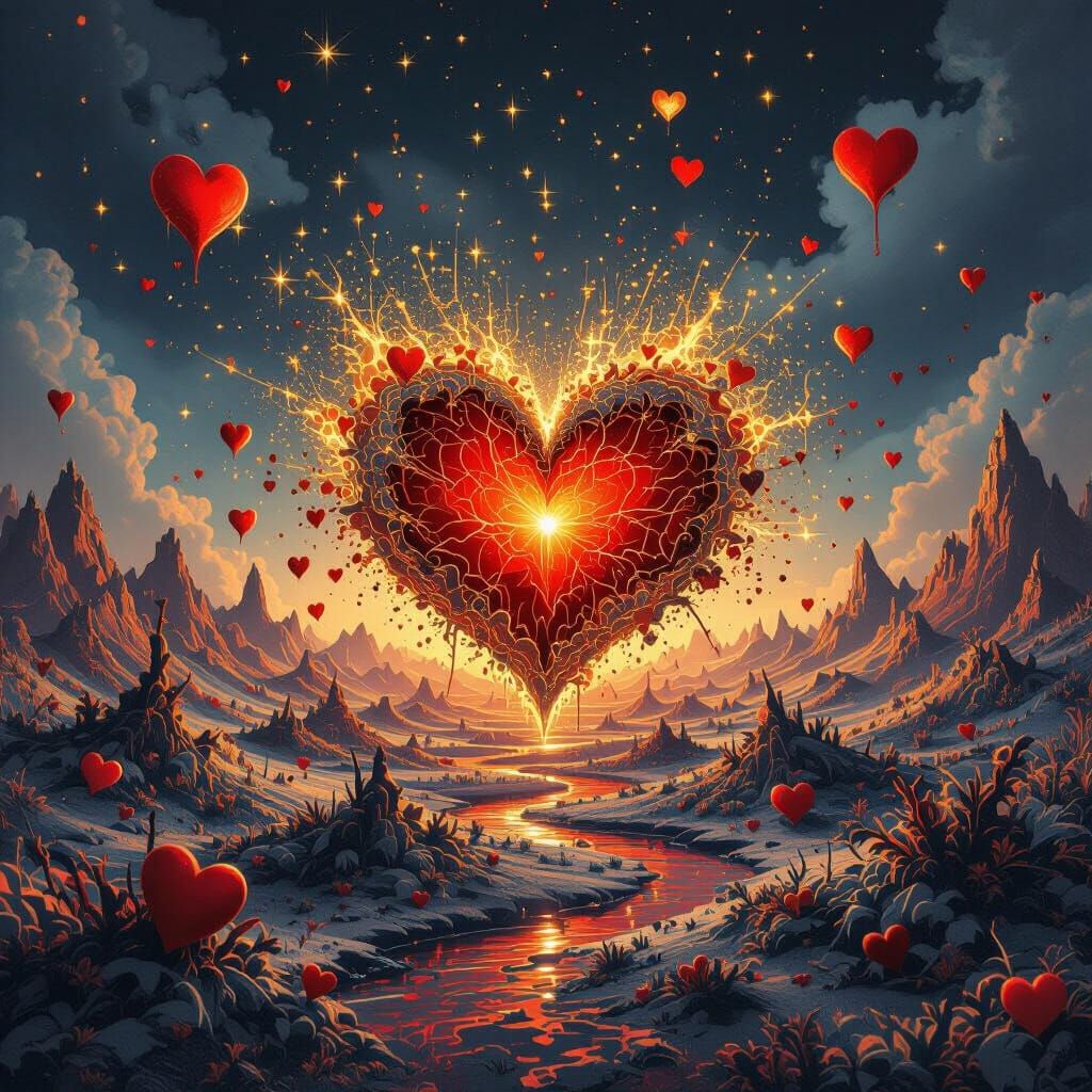 Fractal Heart Landscape with Gold Sparks and Ink Splash