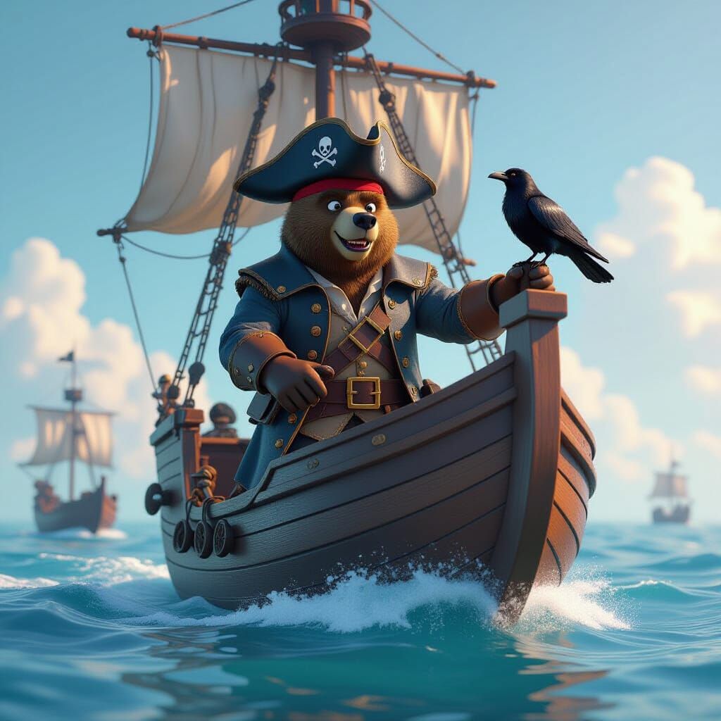 Bear Pirate Captain Sails the Ocean as 3D Digital Art