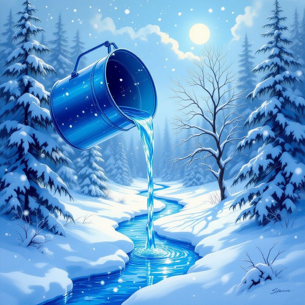 Icy-Blue Liquid Flows in Winter Forest, Dreamy Oil Painting