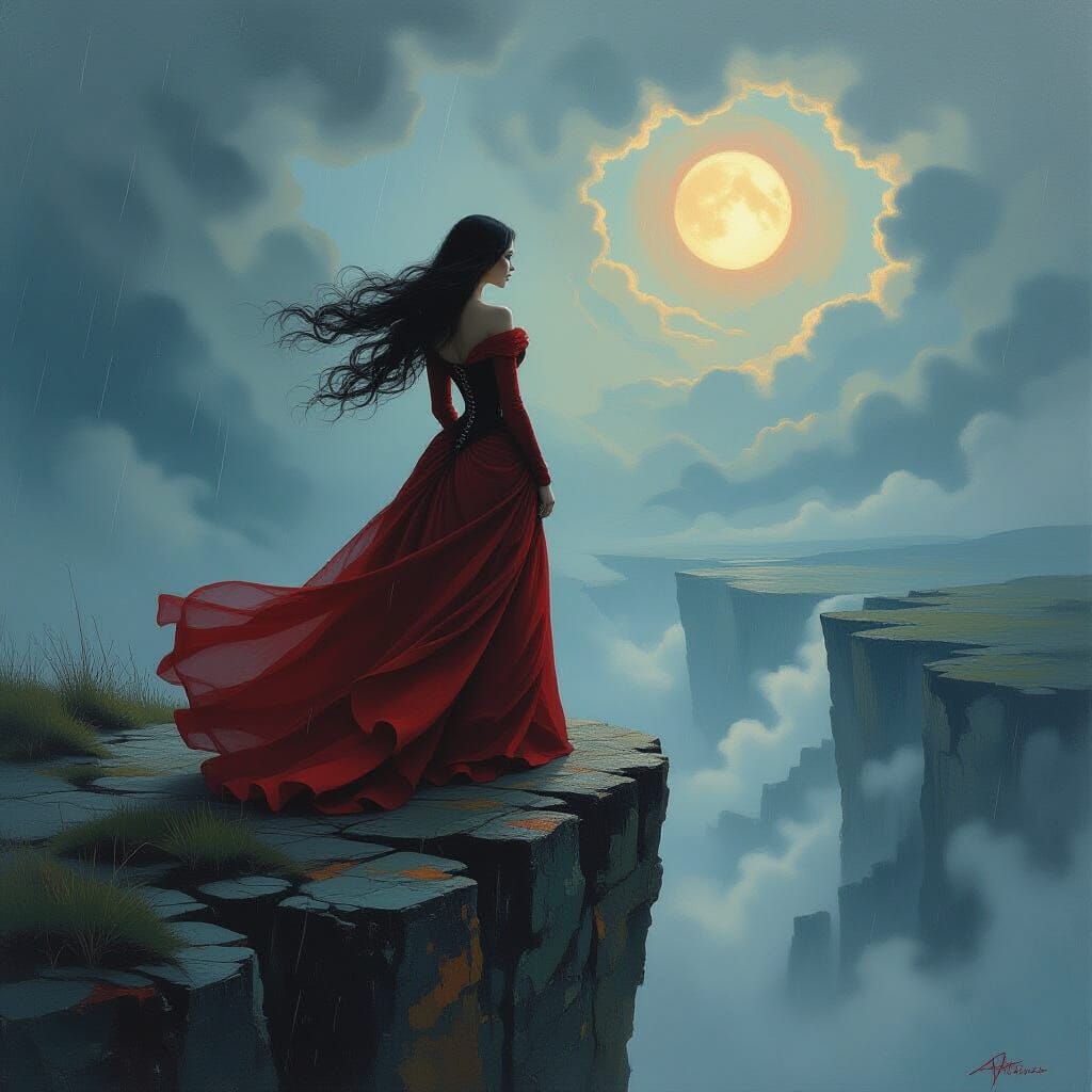 Dreamlike Woman on Cliff Edge in Stormy Victorian Style
