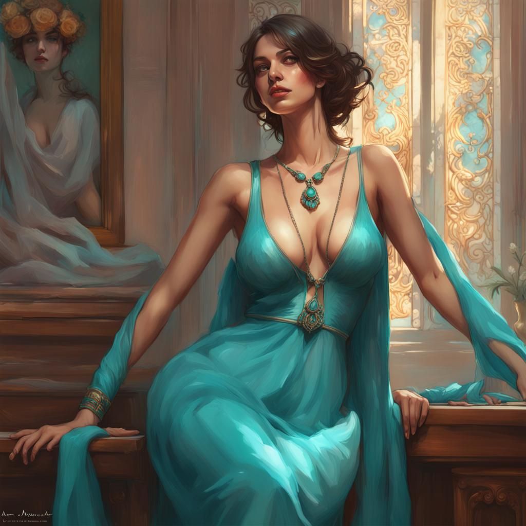 Brunette Woman in Turquoise Lingerie: Academic Portrait