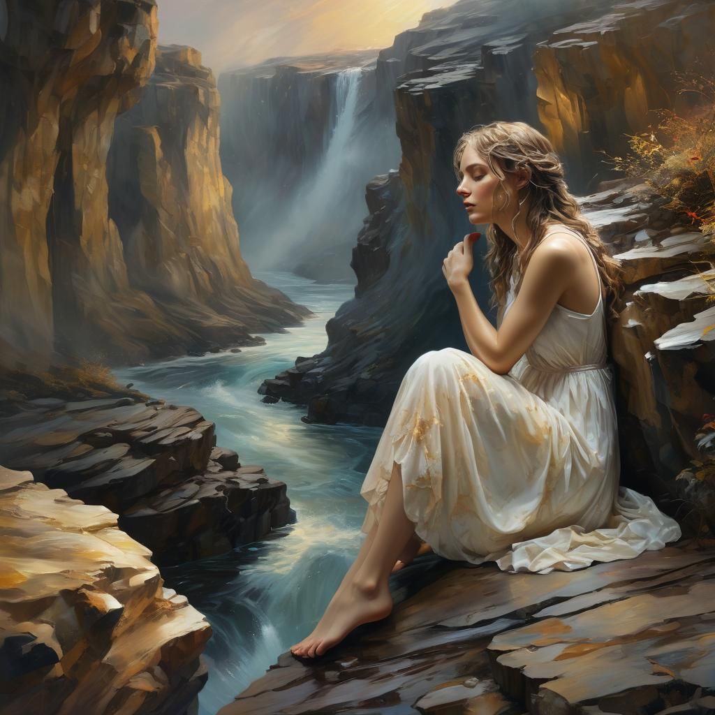 Melancholic Figure on Cliff in Surreal Oil Painting