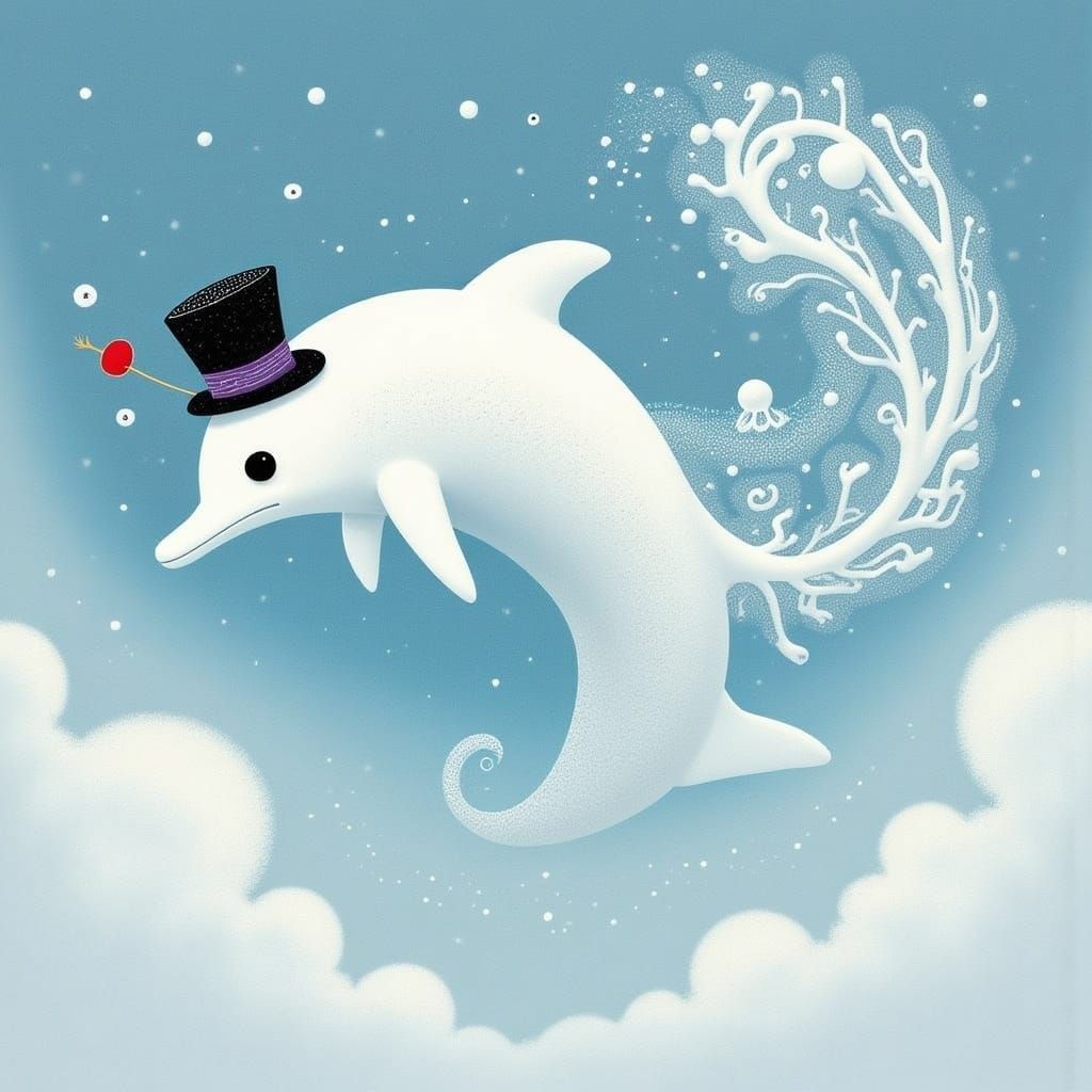 Serene Snow Dolphin Soars Through Whimsical Winter Skies