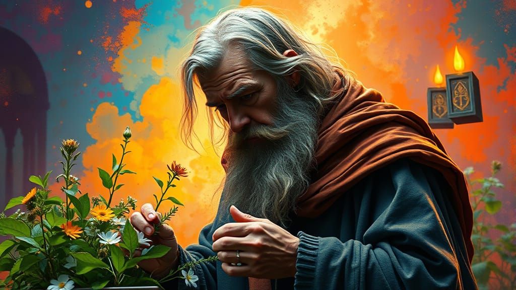 Hyperrealistic Wise Man Picking Herbs