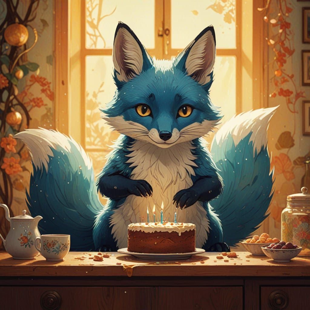 Adorable Blue Fox Bakes Cake in Sunny Kitchen