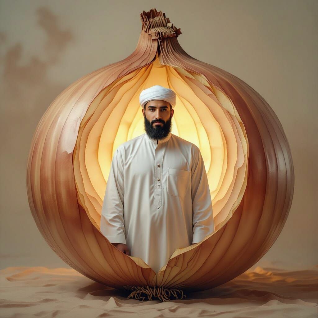 Muslim Figure Inside Giant Glowing Onion