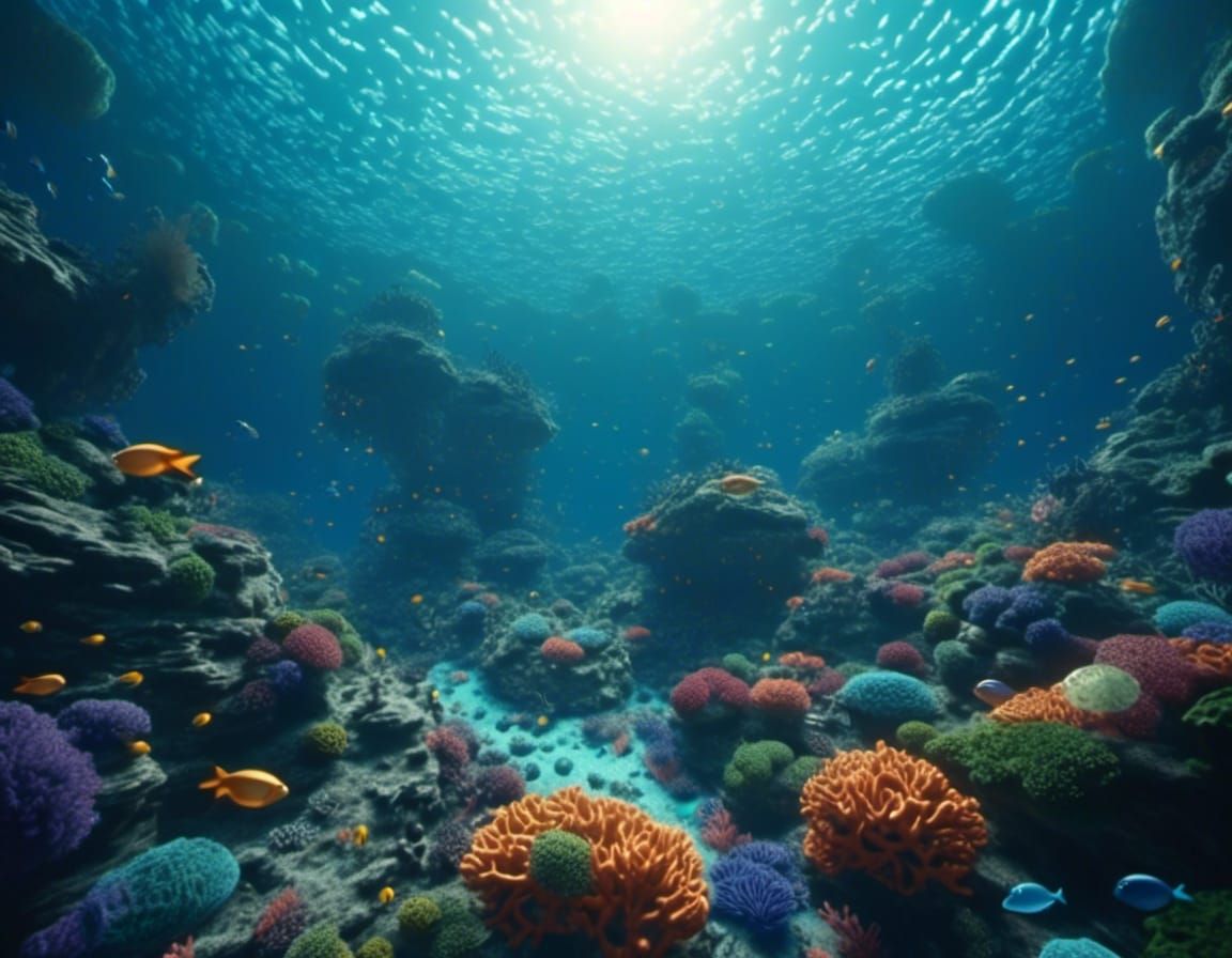 A vibrant underwater landscape teeming with colorful corals,...