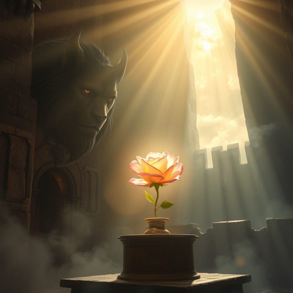 Ethereal Castle Scene with Glowing Magical Rose