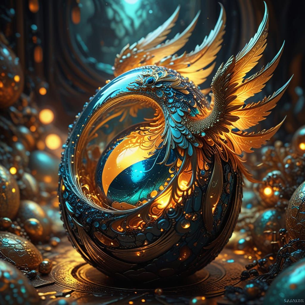 Ethereal Phoenix Emerges in Dreamlike Art Deco Nest