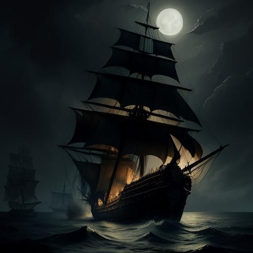 Werewolf Pirate Ship on a Moonlit Ocean