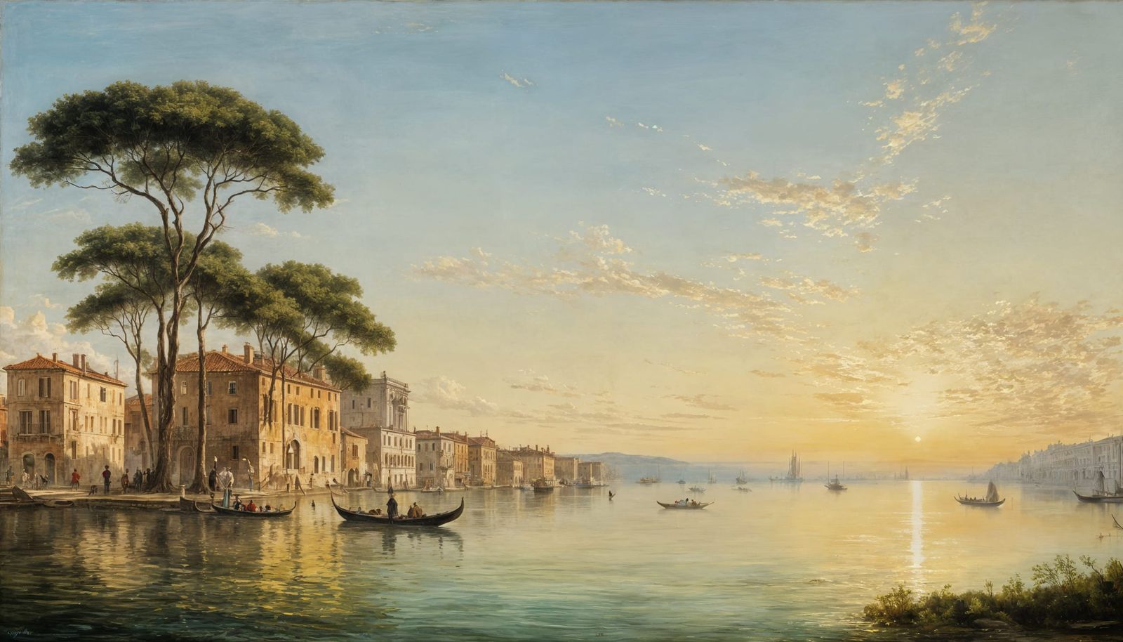 Romantic Venetian Lagoon Scene, circa 1827, in Oil on Canvas