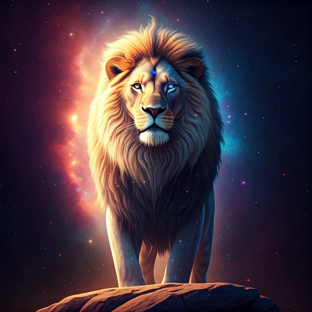 Stardust Lion on Rocky Outcropping, Digital Art