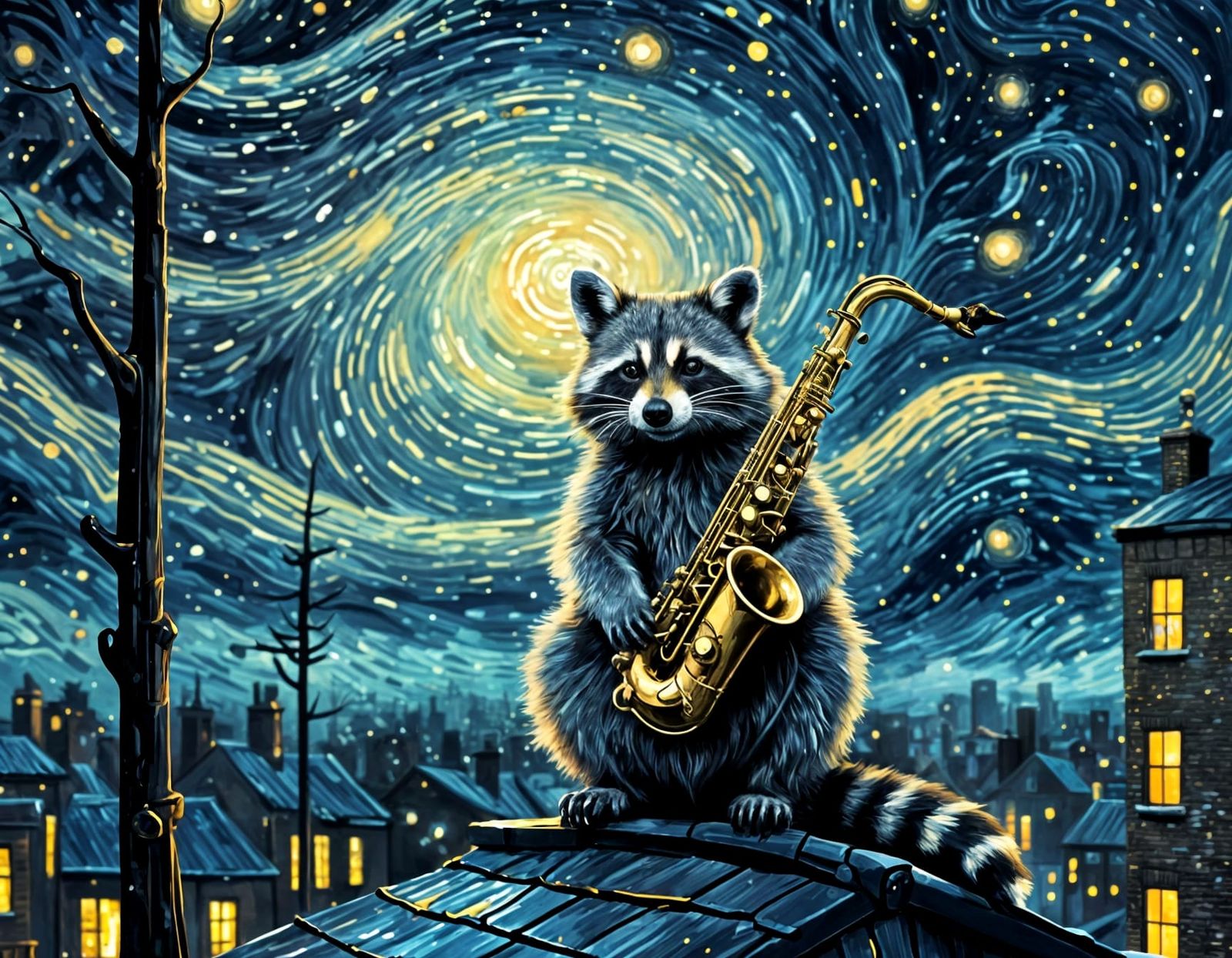 Raccoon Saxophonist in Van Gogh Starry Night Style