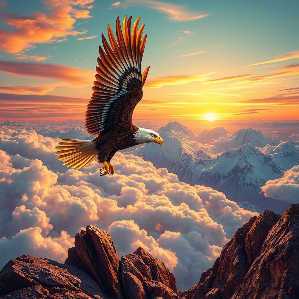 Ethereal Eagle Soars Above Vibrant Cotton Clouds in Luminous...
