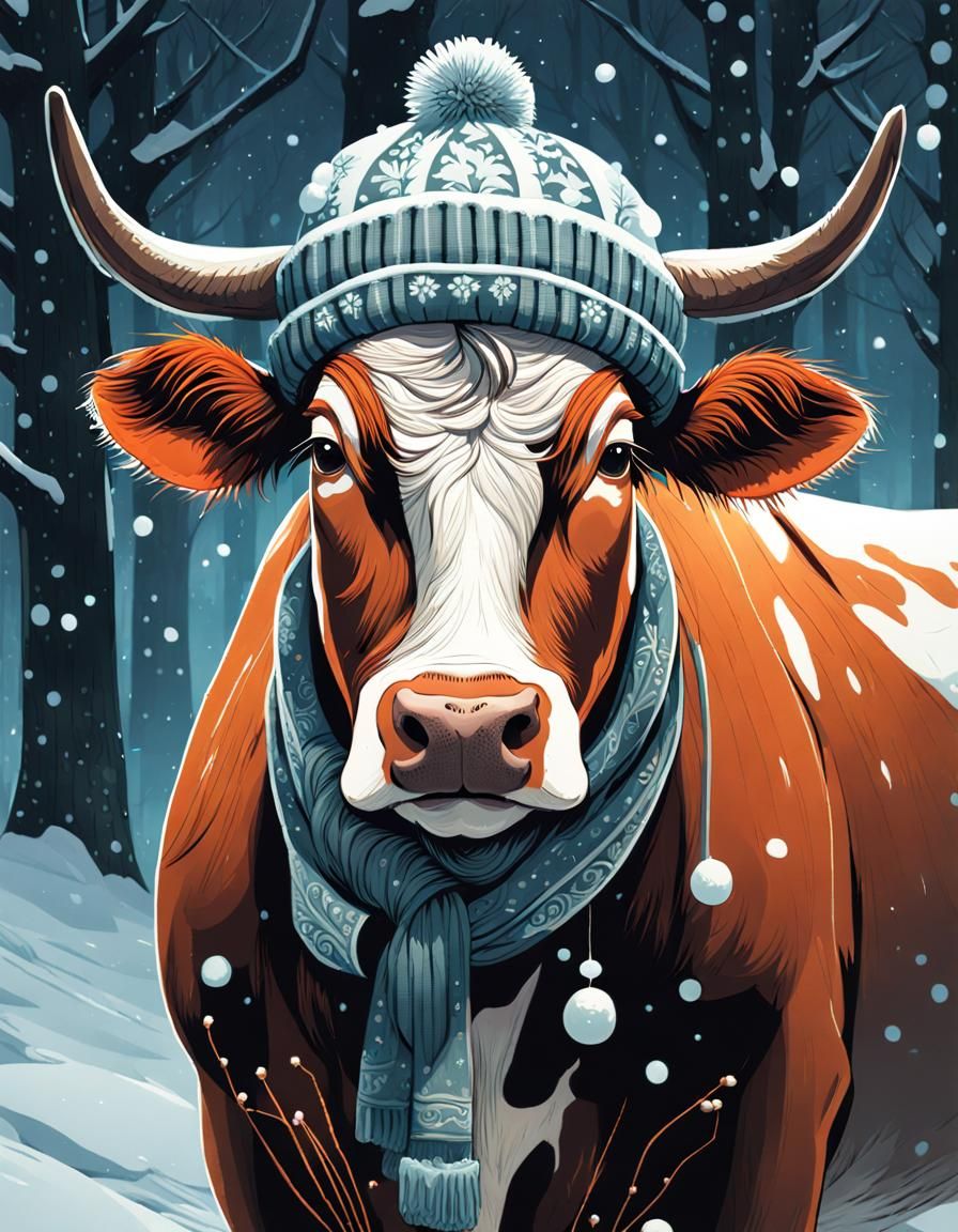 Cow in Beanie: Detailed Winter Digital Painting