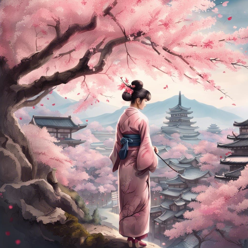 Japanese Women Painting Under Sakura Tree