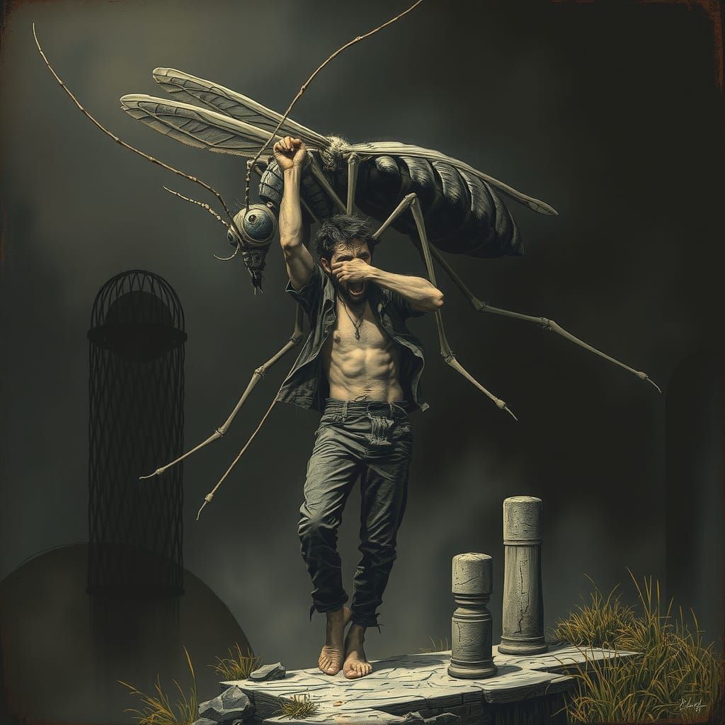 Giant Mosquito Abducts Terrified Human: Eerie Illustration
