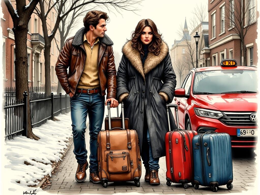 Stylish Couple Awaits Taxi to Airport in Ink Art Style