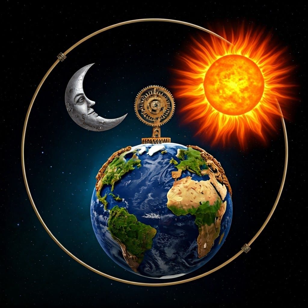 Steampunk Space Scene: Earth, Moon, and Sun