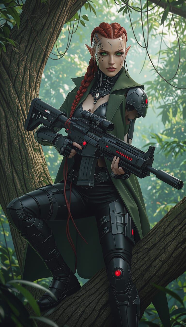 Aeldar Woman with Futuristic Rifle in Jungle