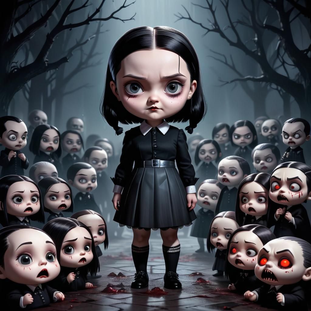 Chibi Wednesday Addams Surrounded by Vampires