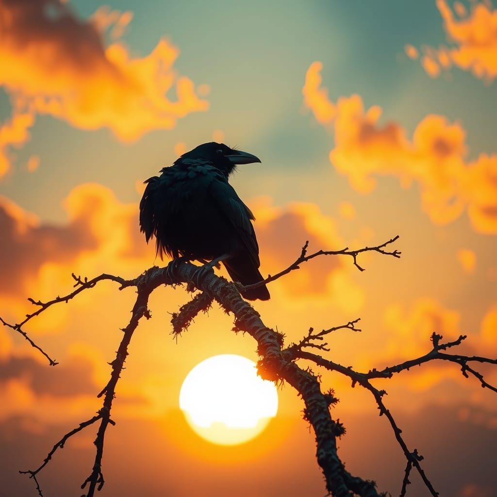 Raven Silhouette Against Sunset Sky